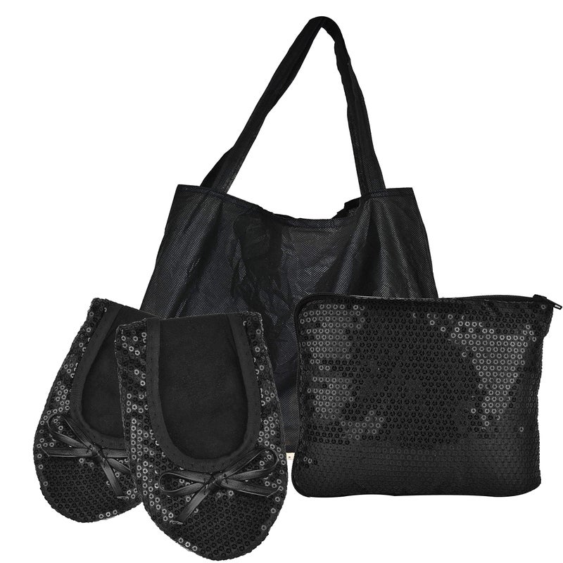 Rolly Flats Women's Foldable Flats â€“ Portable Ballet Slippers Shoes for Travel, Wedding â€“ Fits in Purse with Expandable Tote Bag (M, Black Sequin) - Image 1